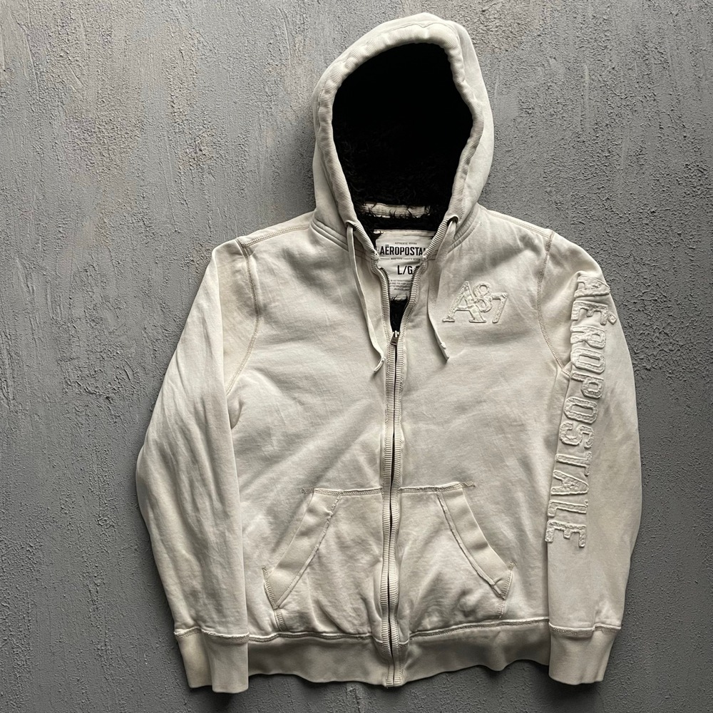 Vintage Aeropostale Sherpa Lined Zip Up Hoodie Mens Large White 2000s Y2K